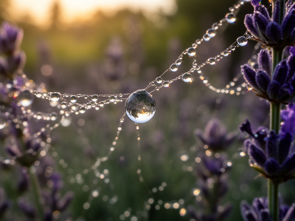 A macro photograph of morning dew on a spider web between lavender stems, each droplet acting as a tiny lens reflecting the garden behind it, shot at f/2.8 with a 100mm macro lens, soft golden hour backlight creating rainbow refractions in each bead of water, shallow depth of field isolating a single perfect droplet in the center
