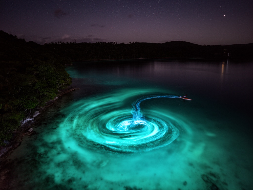 An aerial view of a bioluminescent bay at night in Puerto Rico, glowing turquoise water swirling with each wave, a kayaker leaving a trail of blue-green light, dark jungle coastline framing the scene, stars reflected on the calm water surface, long exposure capturing the ethereal movement of light