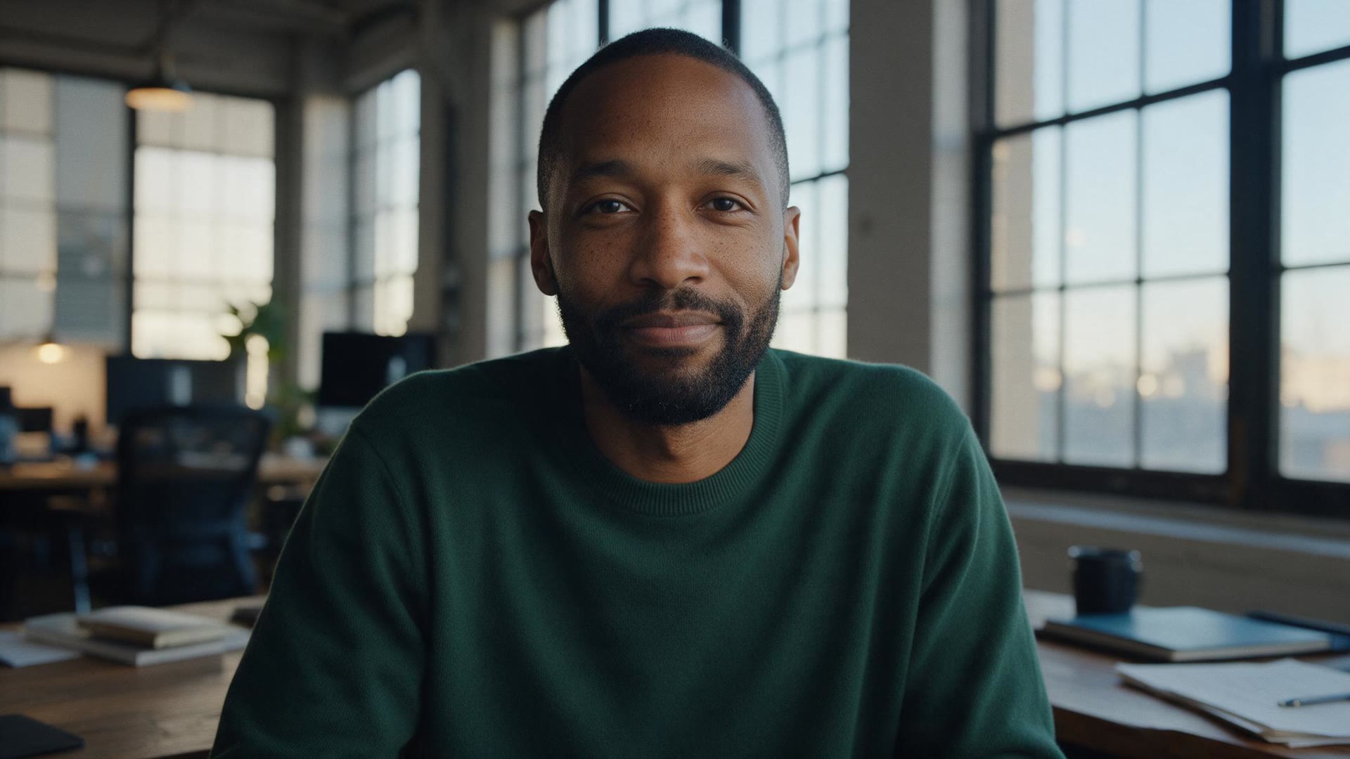 Source photo: a man in a green sweater at a desk in a loft office with tall windows, looking at the camera