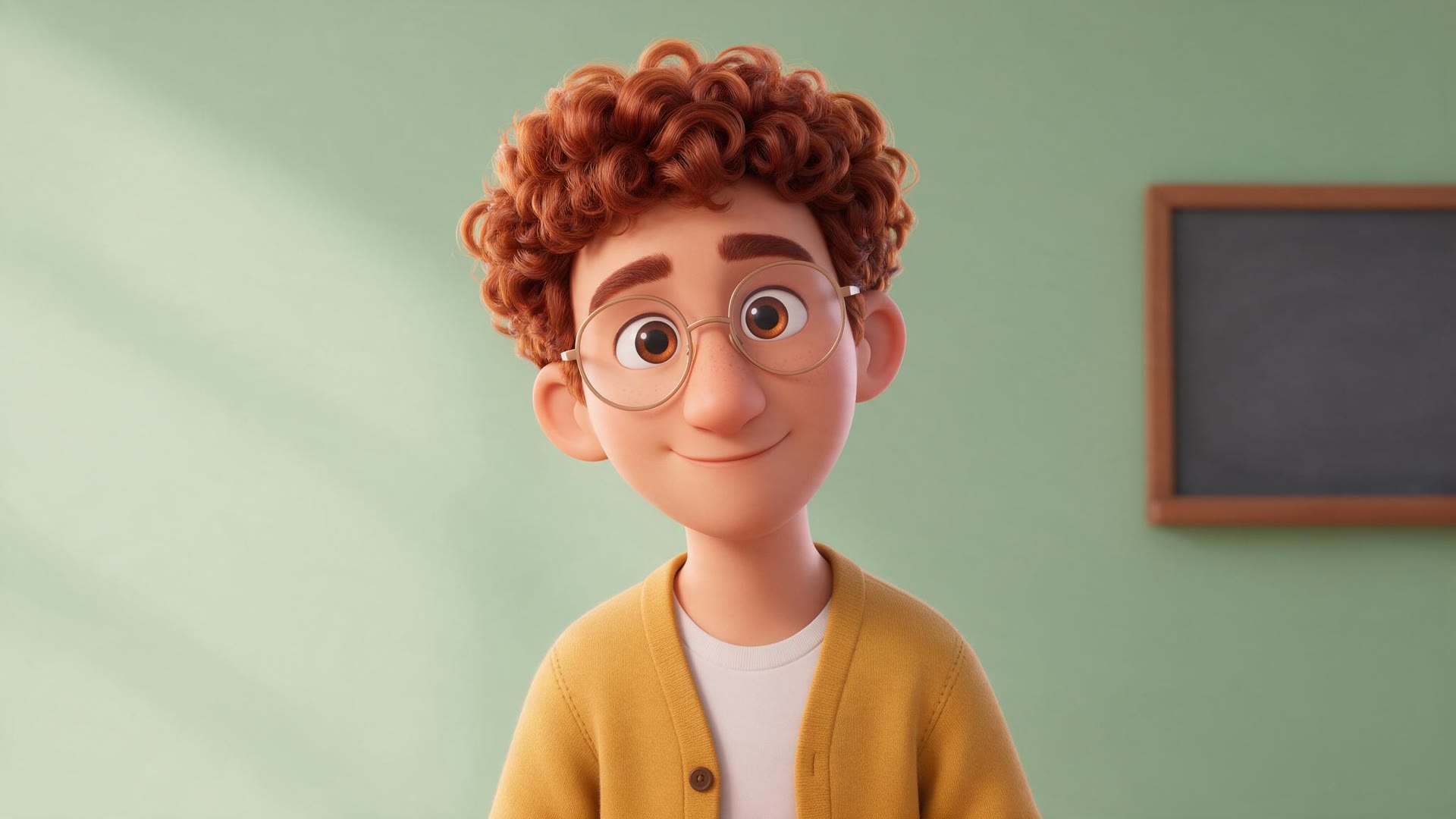 Source image: a 3D animated character with curly auburn hair, round glasses and a yellow cardigan in front of a green classroom wall