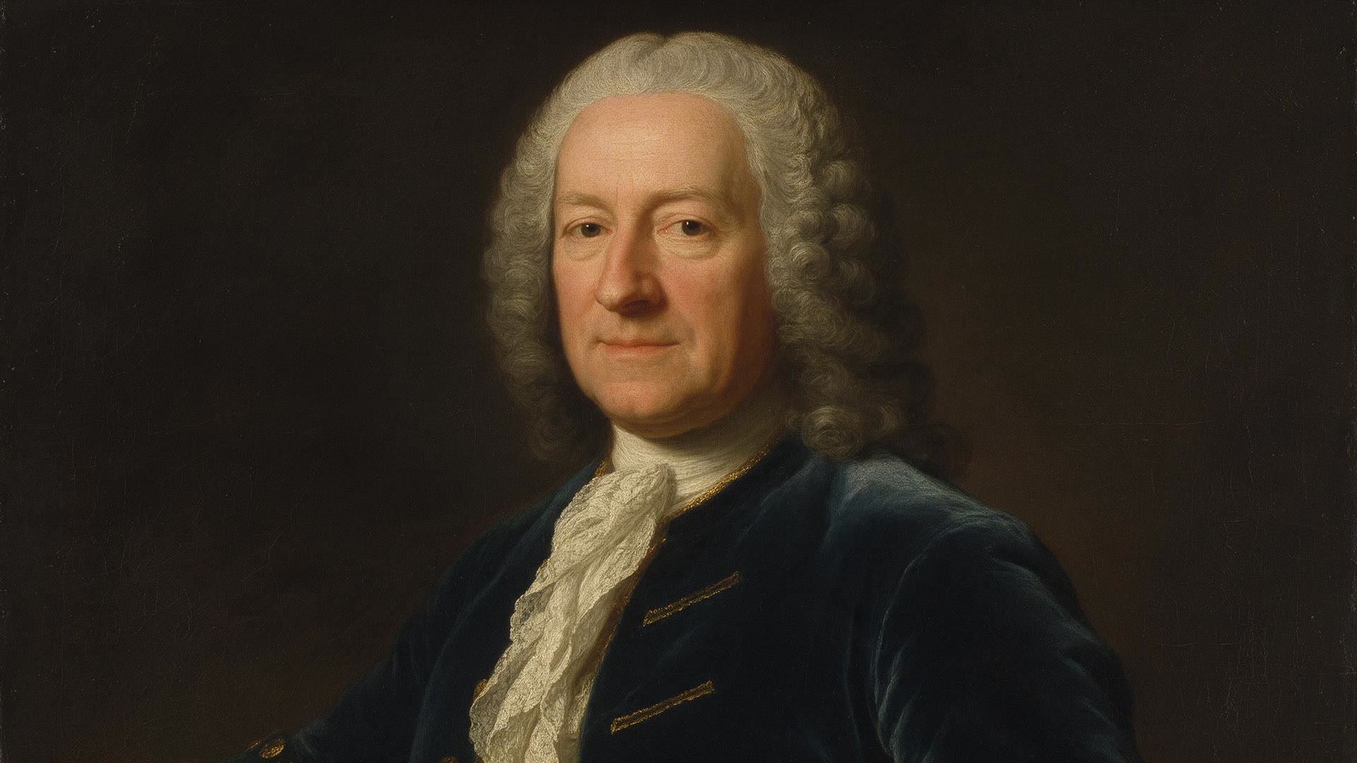 Source image: an 18th-century style oil portrait of a gentleman in a powdered wig, blue velvet coat and lace cravat