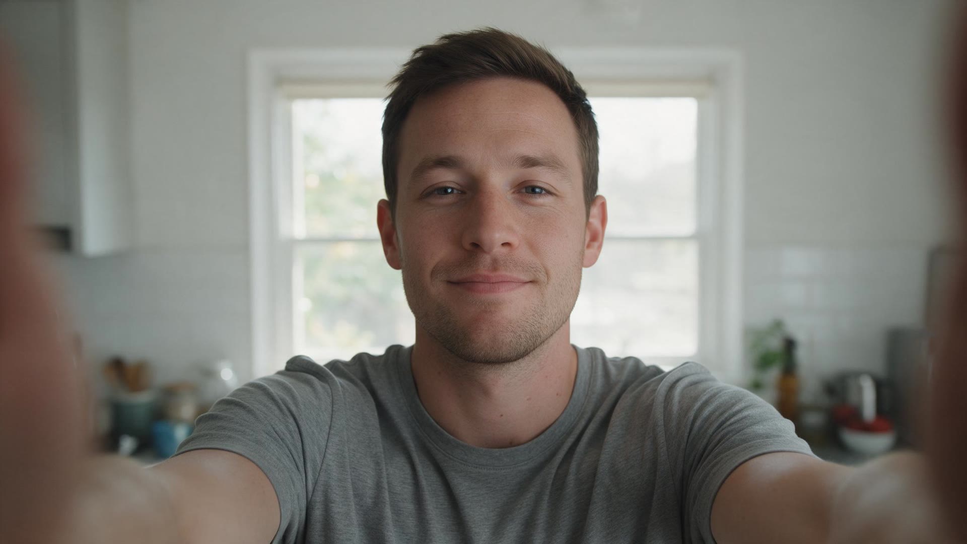 Source photo: a man in a grey t-shirt filming a selfie video in his kitchen