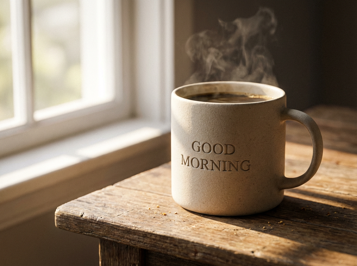 A hyperrealistic product photo of a matte ceramic coffee mug on a wooden table, morning light streaming through a window casting soft shadows, steam rising from the cup with the text 'GOOD MORNING' embossed on the side in a clean serif font, shallow depth of field, 85mm lens