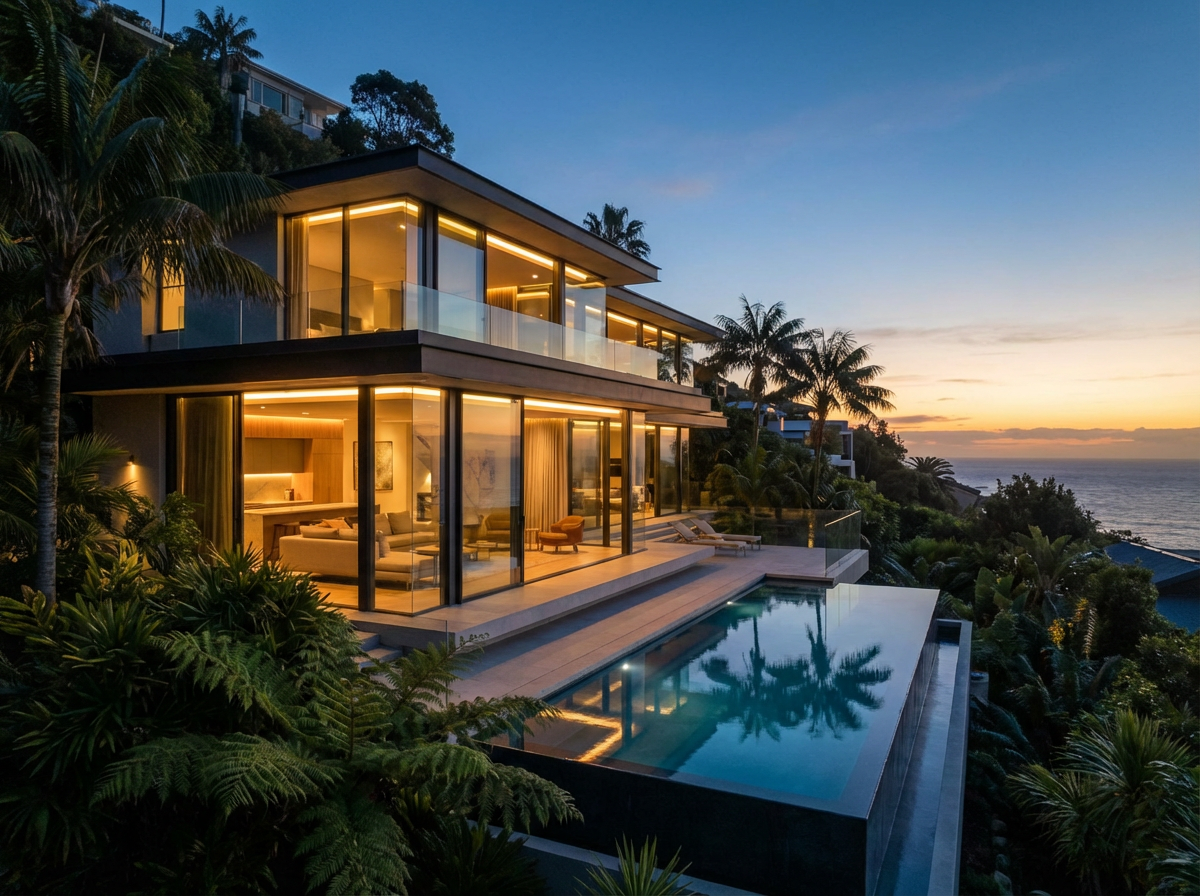 A detailed architectural visualization of a modern hillside house with floor-to-ceiling glass walls, infinity pool merging with the ocean horizon, warm interior lighting at dusk, tropical vegetation, rendered in photorealistic style with accurate reflections and volumetric light