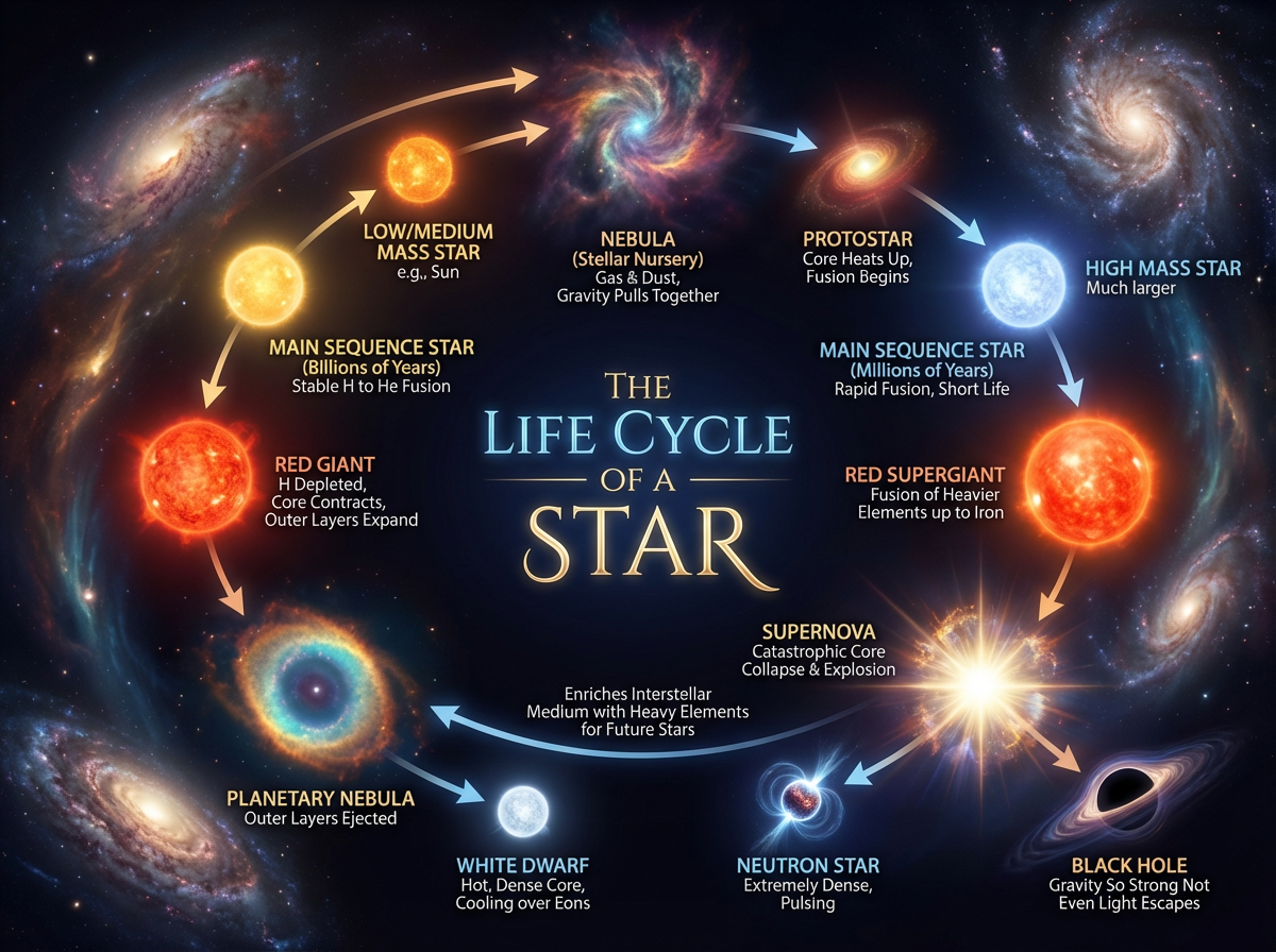 A scientific infographic for the life cycle of a star, dark navy background, clean educational poster style