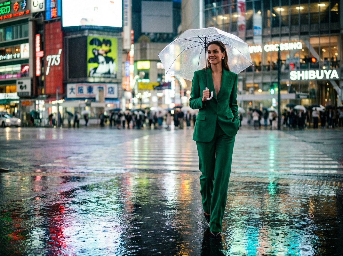 A fashion editorial photo of a woman in a tailored emerald green suit walking through a rain-soaked Tokyo street at night, neon signs reflecting in puddles around her, Shibuya crossing in the background slightly out of focus, shot on medium format film with rich contrast and cinematic color grading