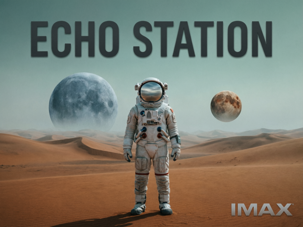 Minimalist movie poster for a sci-fi film called 'ECHO STATION'. Title in bold sans-serif at top, a lone astronaut standing in a vast alien desert with two moons on the horizon, muted teal and burnt orange color palette, IMAX format stamp at bottom