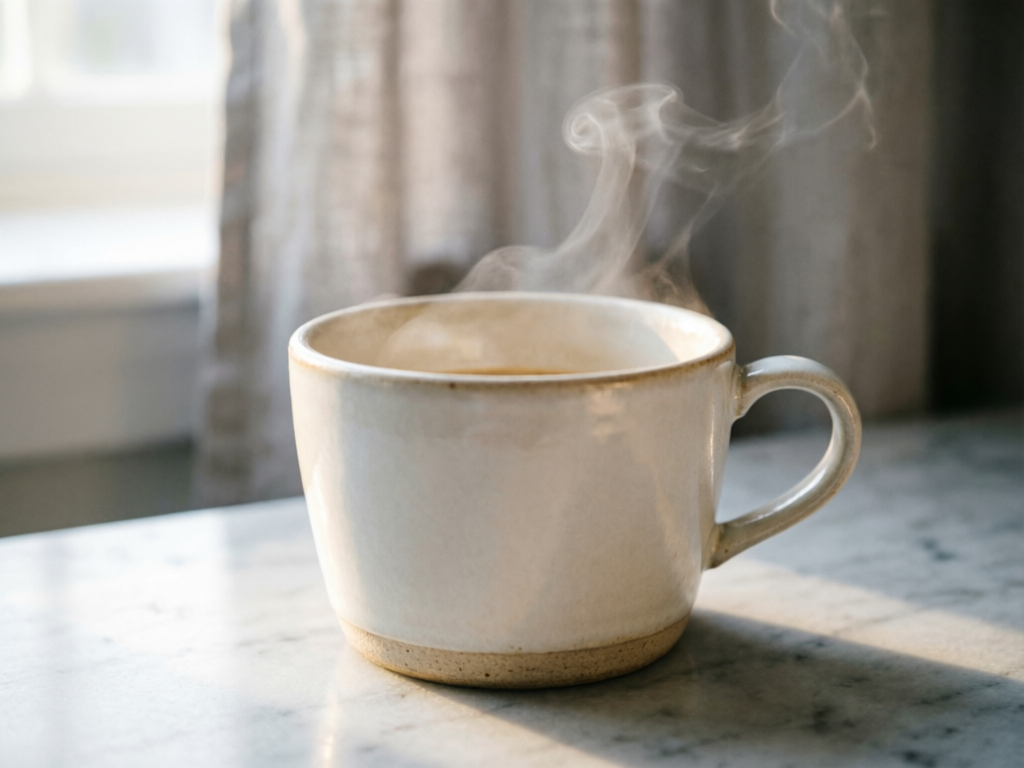 Professional product photography of a ceramic coffee mug on a marble countertop, morning light streaming through a window, steam rising from the cup, shallow depth of field, warm tones, editorial quality for a lifestyle brand