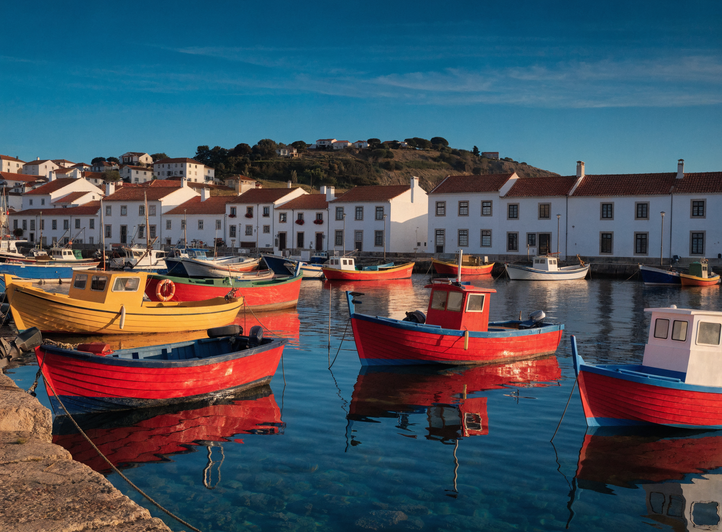 Tilt-shift miniature effect on a real Portuguese fishing village at golden hour, colorful boats in the harbor appearing toy-like, selective focus band across the middle, saturated primary colors of blue red and yellow boats against white buildings, 90mm tilt-shift lens, the familiar made fantastical, Wes Anderson color sensibility
