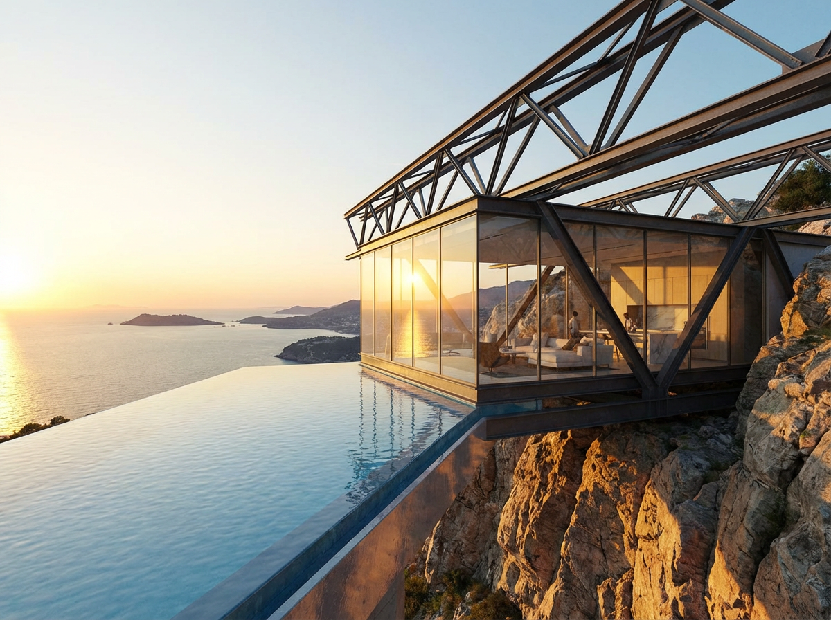 A photorealistic architectural rendering of a cantilevered glass house perched on a cliff overlooking the Mediterranean, late afternoon golden light, structural steel beams visible through the glass, infinity pool merging with the horizon