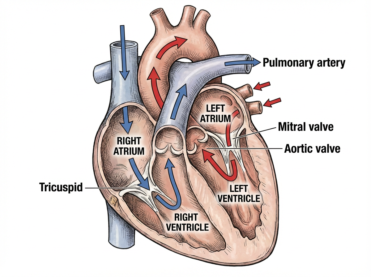 A detailed biological cross-section diagram of a human heart showing all four chambers, valves labeled, blood flow indicated with red and blue arrows, medical textbook illustration style, clean white background
