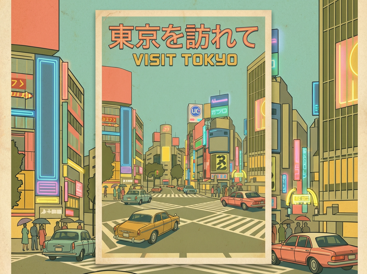 A vintage travel poster for Tokyo featuring the Shibuya crossing at night, Japanese text reading 'Visit Tokyo', retro mid-century illustration style, muted pastel palette with neon accents