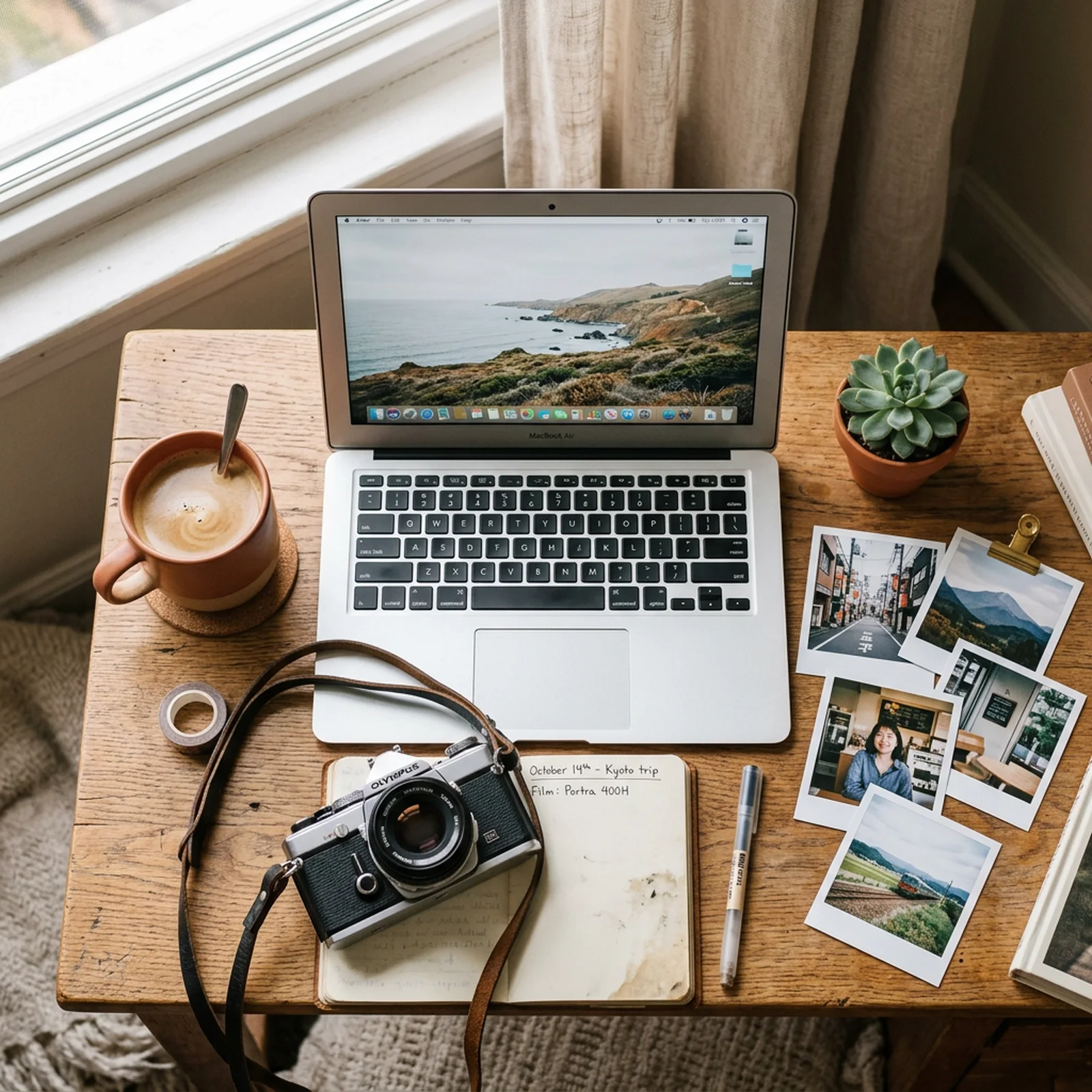 Personal desk with printed photos and a crop frame over them