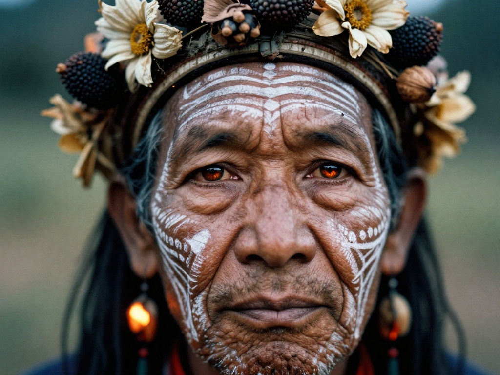 A hyper-realistic close-up portrait of a tribal elder, intricate white chalk patterns, headdress of dried flowers and seed pods, warm firelight reflected in dark soulful eyes, Kodak Portra 400 film grain