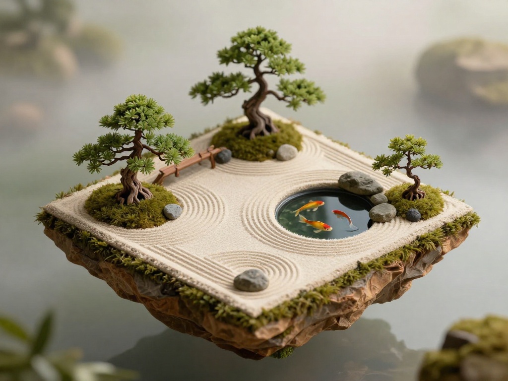 Isometric view of a tiny Japanese zen garden on a floating island, miniature bonsai trees, raked sand patterns, koi pond with golden fish, soft morning light, tilt-shift effect