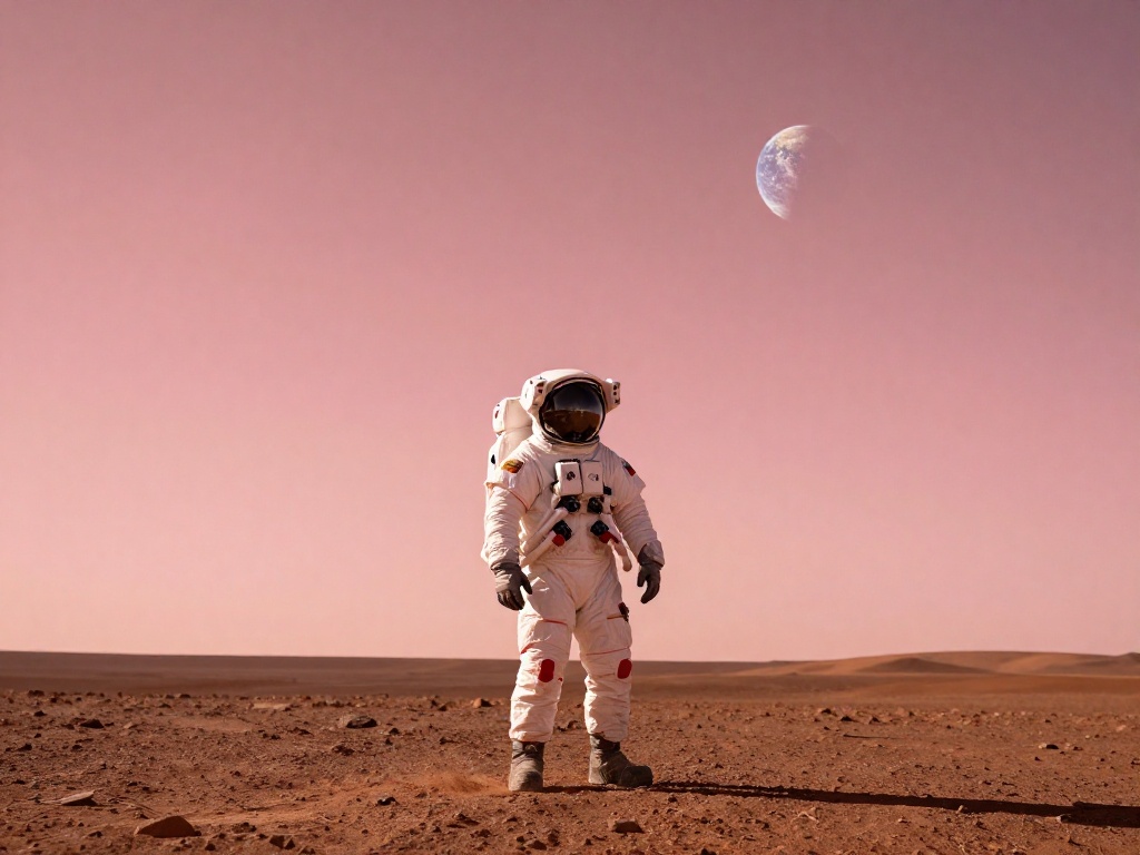 An astronaut standing on the surface of Mars, Earth visible in the salmon-pink sky, dramatic volumetric lighting, cinematic composition, ultra-wide angle