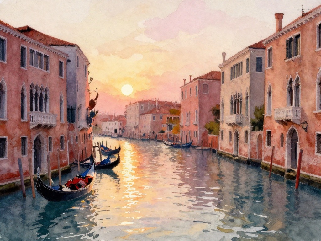 Watercolor painting of a Venetian canal at sunset, gondolas reflecting in shimmering water, warm amber and rose tones, loose impressionistic brushstrokes